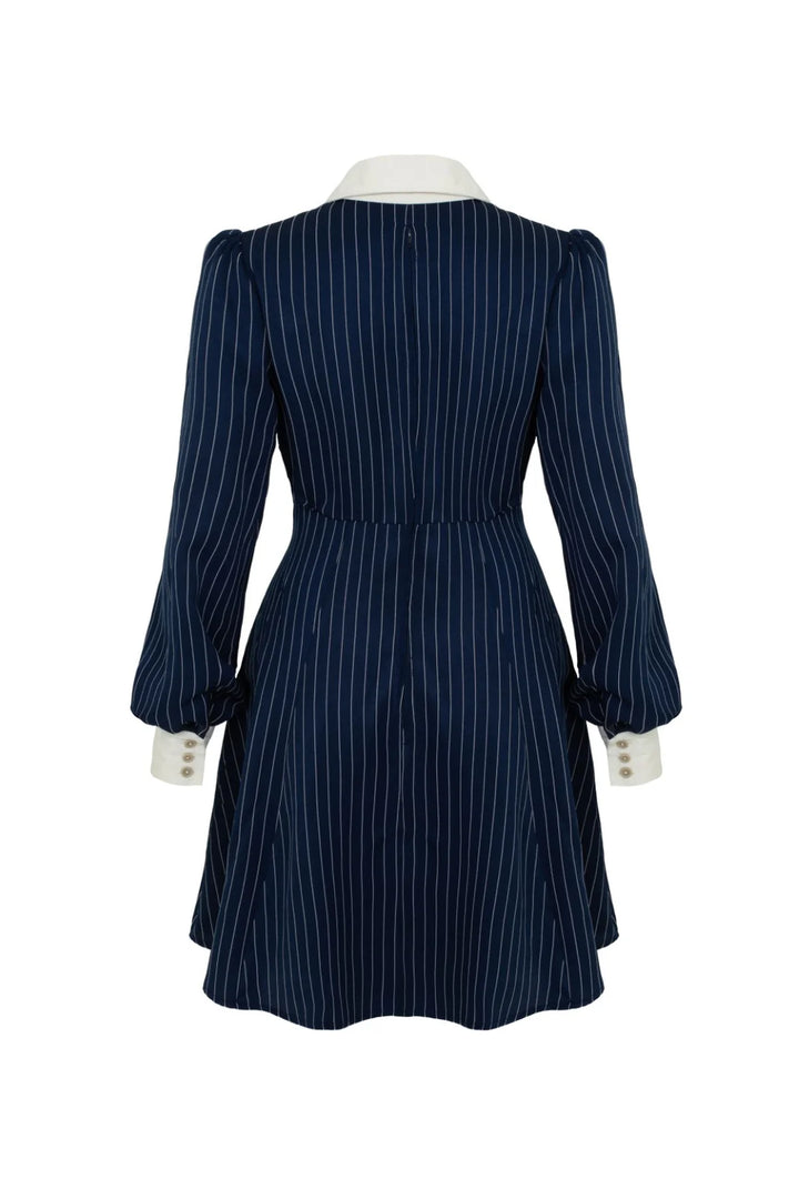 Hell Bunny Costello Mini Dress – Navy Pinstripe Collared Dress