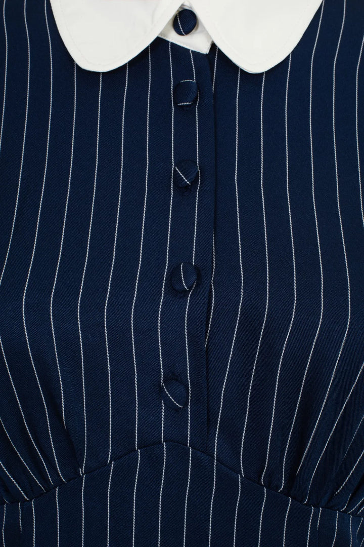 Hell Bunny Costello Mini Dress – Navy Pinstripe Collared Dress