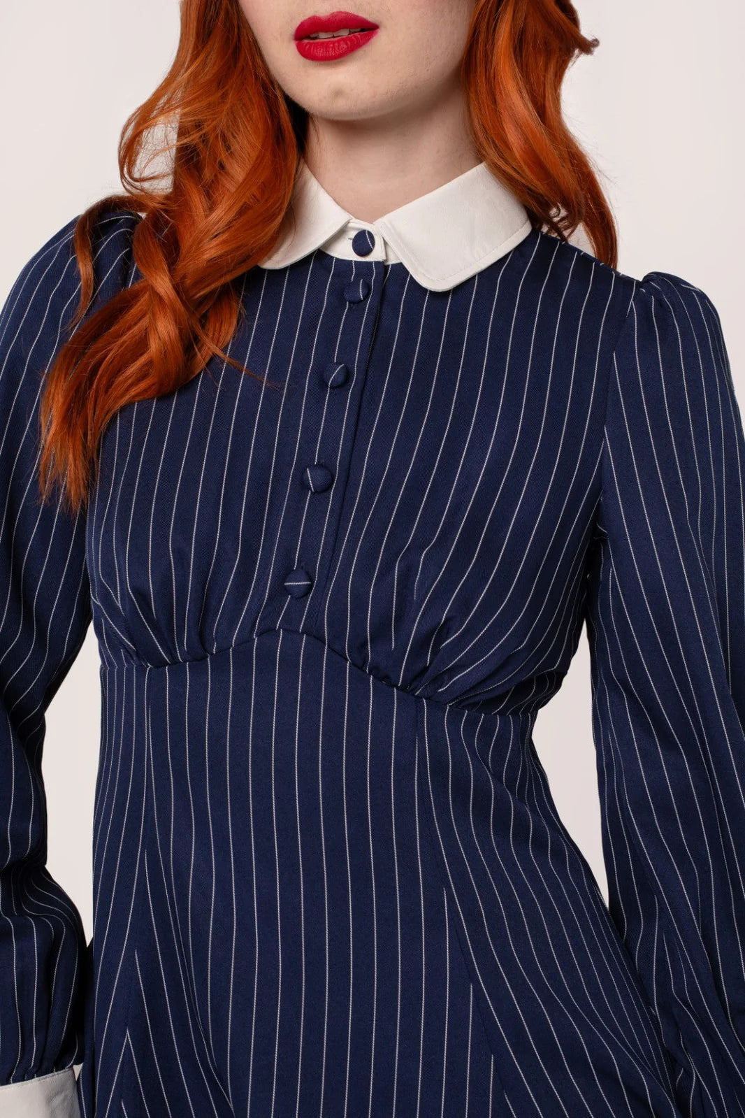 Hell Bunny Costello Mini Dress – Navy Pinstripe Collared Dress