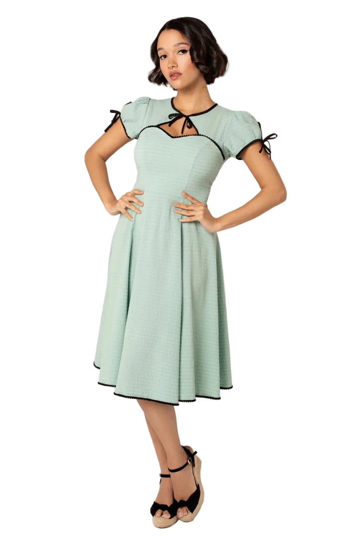 Hell Bunny Casey mint green 1950s sweetheart swing dress with black trim keyhole neckline vintage style
