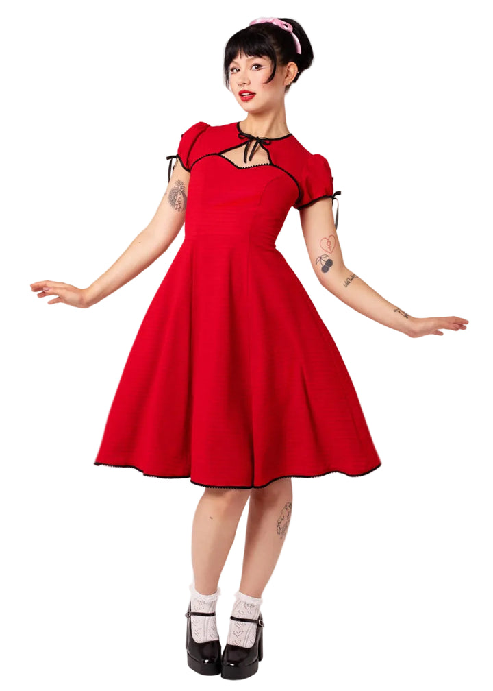 Hell Bunny Casey red 1950s sweetheart swing dress with black trim keyhole neckline vintage style