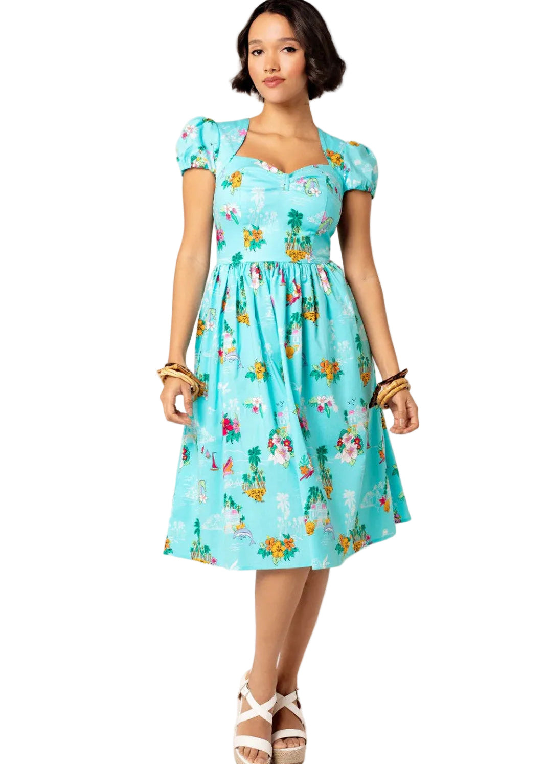 Hell Bunny Ayanna aqua tropical print 1950s swing dress with pockets vintage summer style