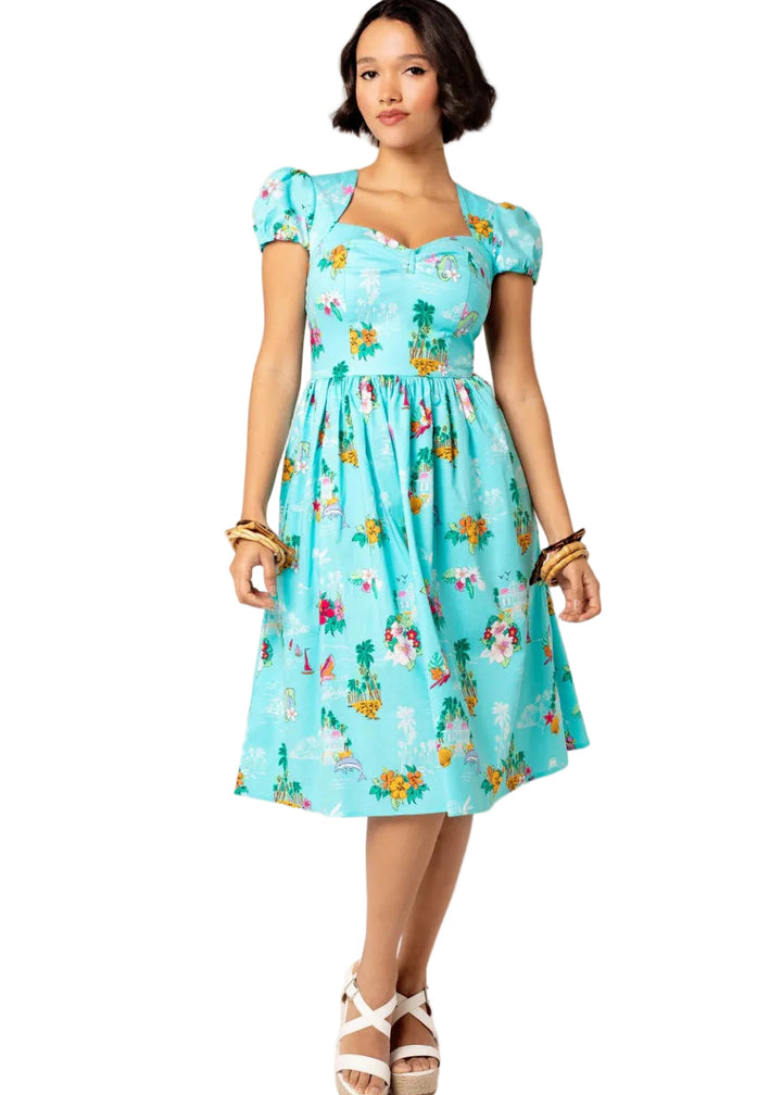 Hell Bunny Ayanna aqua tropical print 1950s swing dress with pockets vintage summer style