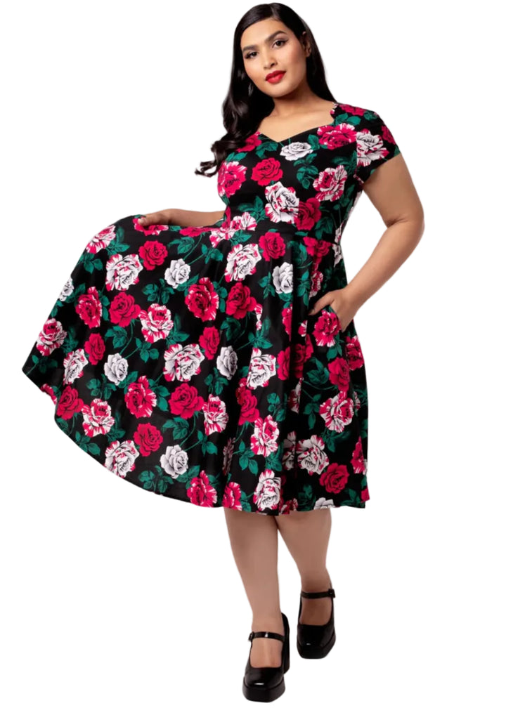Hell Bunny Paint Me Roses black red white floral 1950s swing dress with pockets vintage style