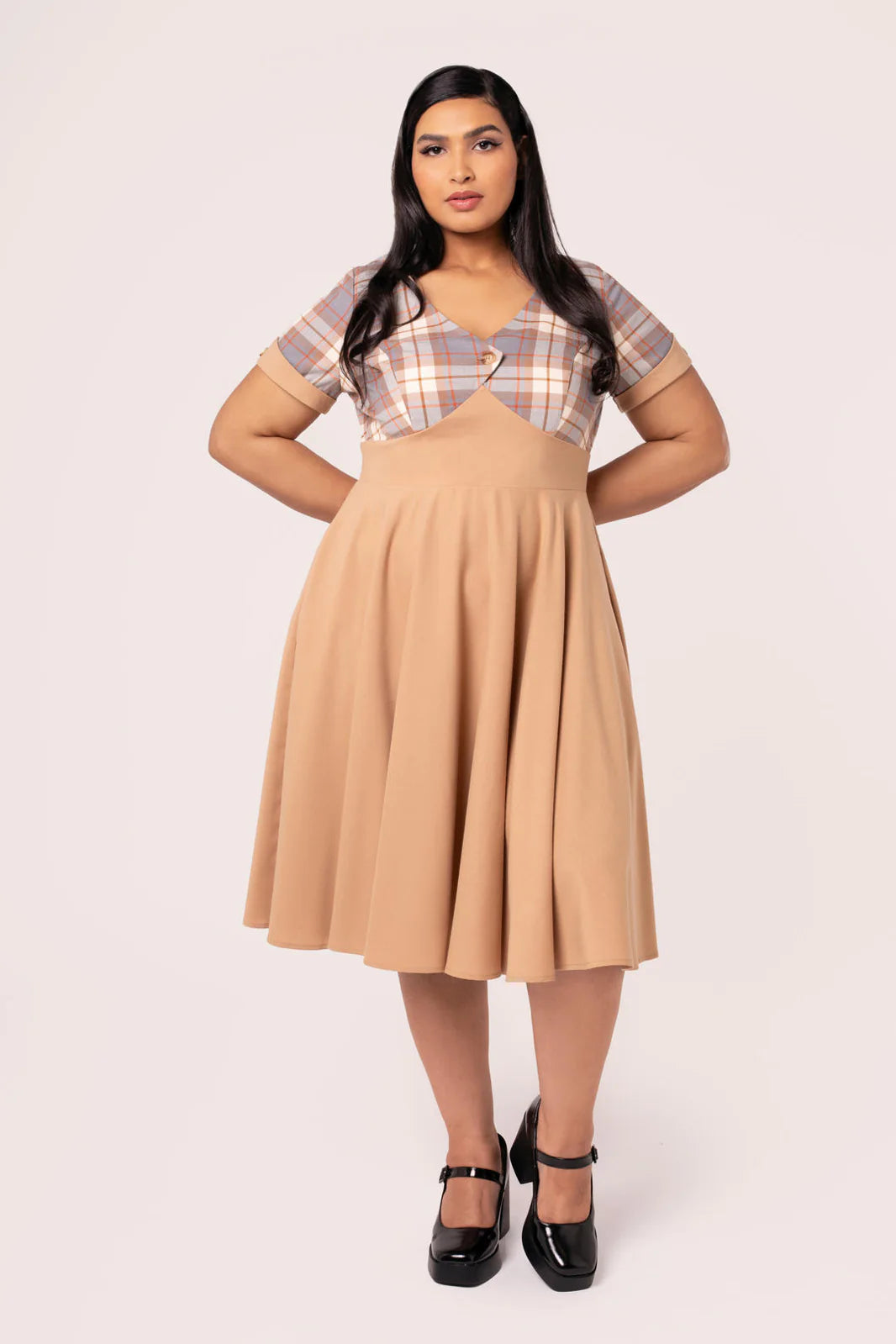 Hell Bunny Joseline 50s Midi Dress – Beige Vintage Swing Dress