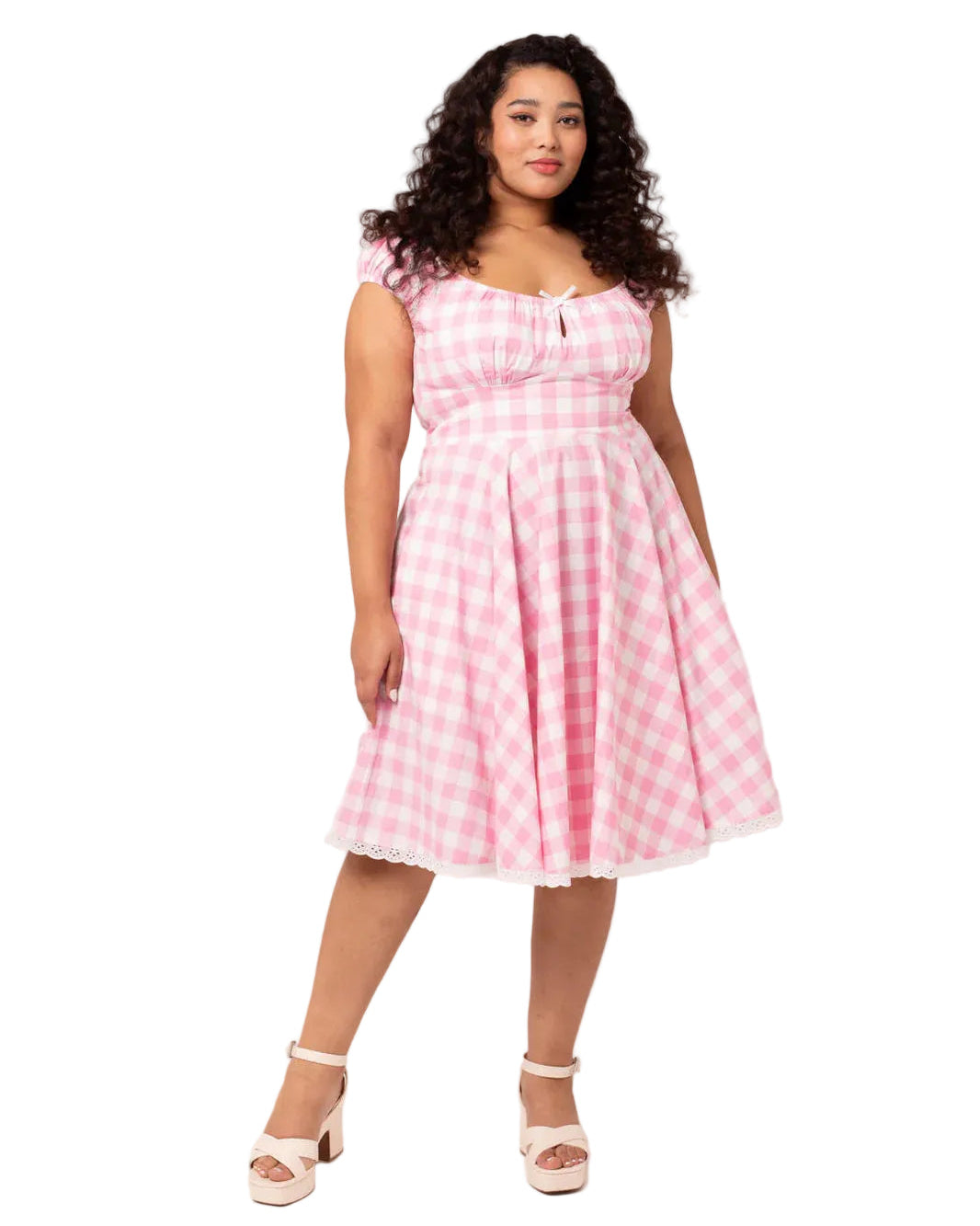 Hell Bunny Cindy pink gingham 1950s vintage swing midi dress with pockets and lace hem
