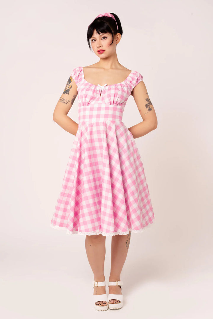 Robe midi Hell Bunny Cindy en vichy rose, style années 50