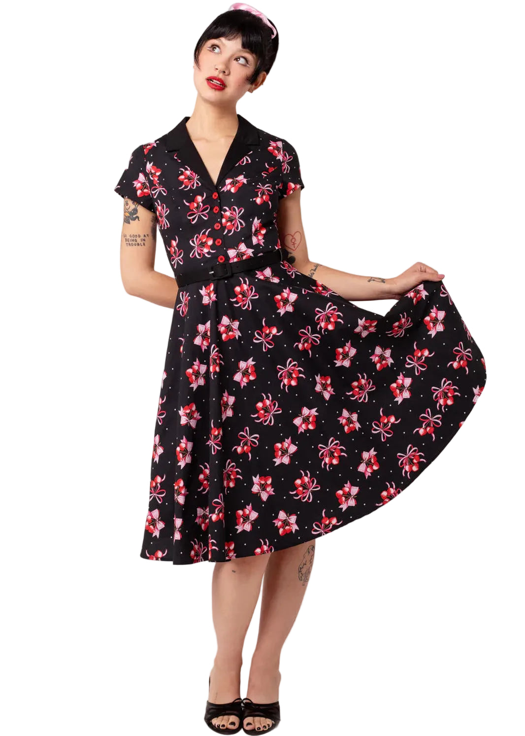 Hell Bunny Cherilyn black cherry bow 1950s swing dress with belt and pockets vintage rockabilly style