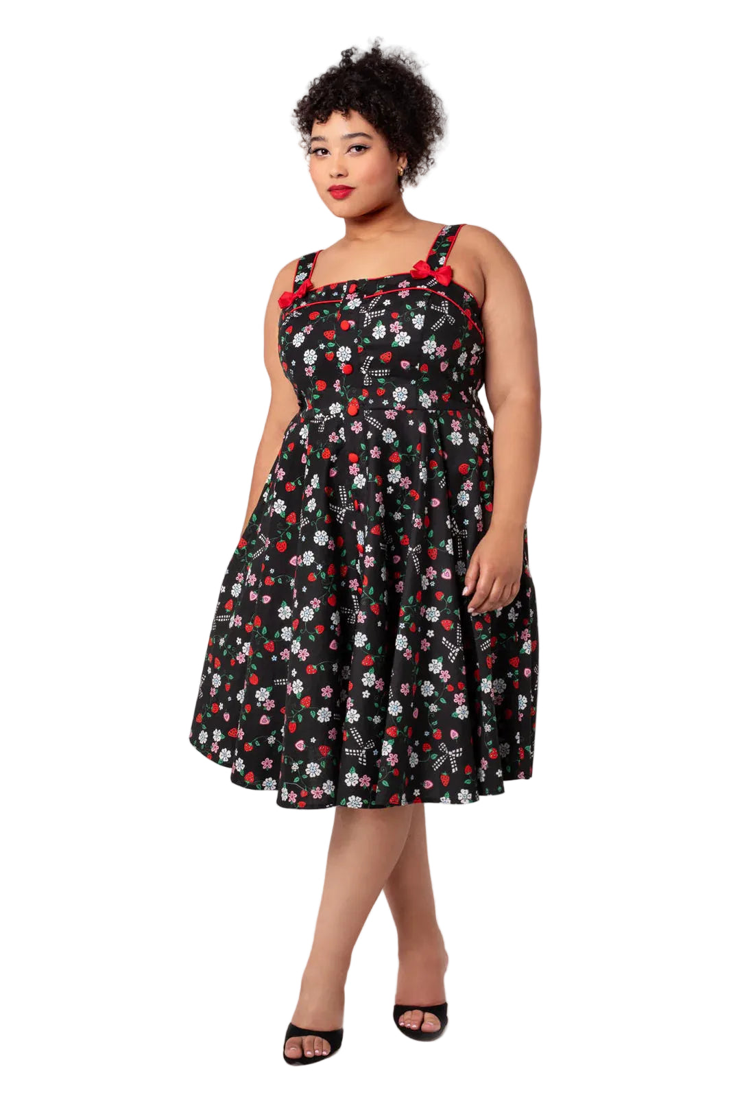 Hell Bunny Isobel black strawberry print 1950s swing dress with pockets vintage style midi dress