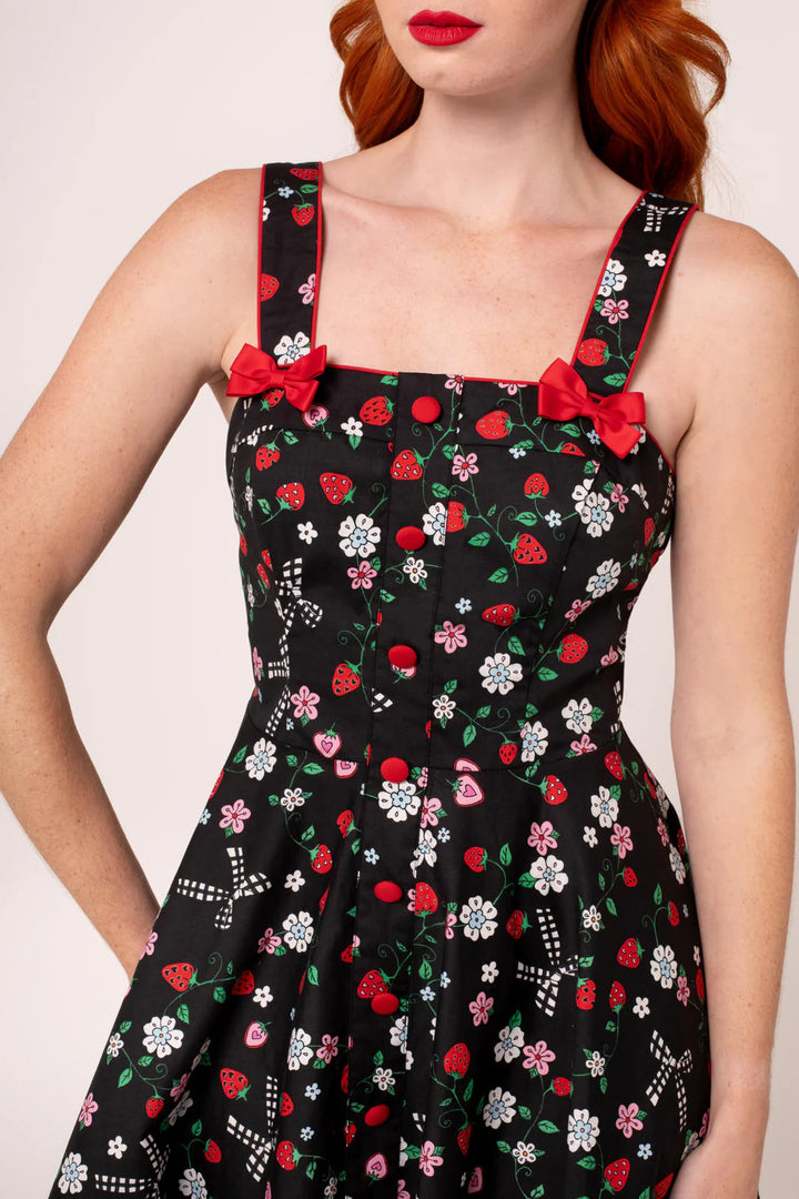 Robe midi Hell Bunny Isobel imprimé fraises années 50