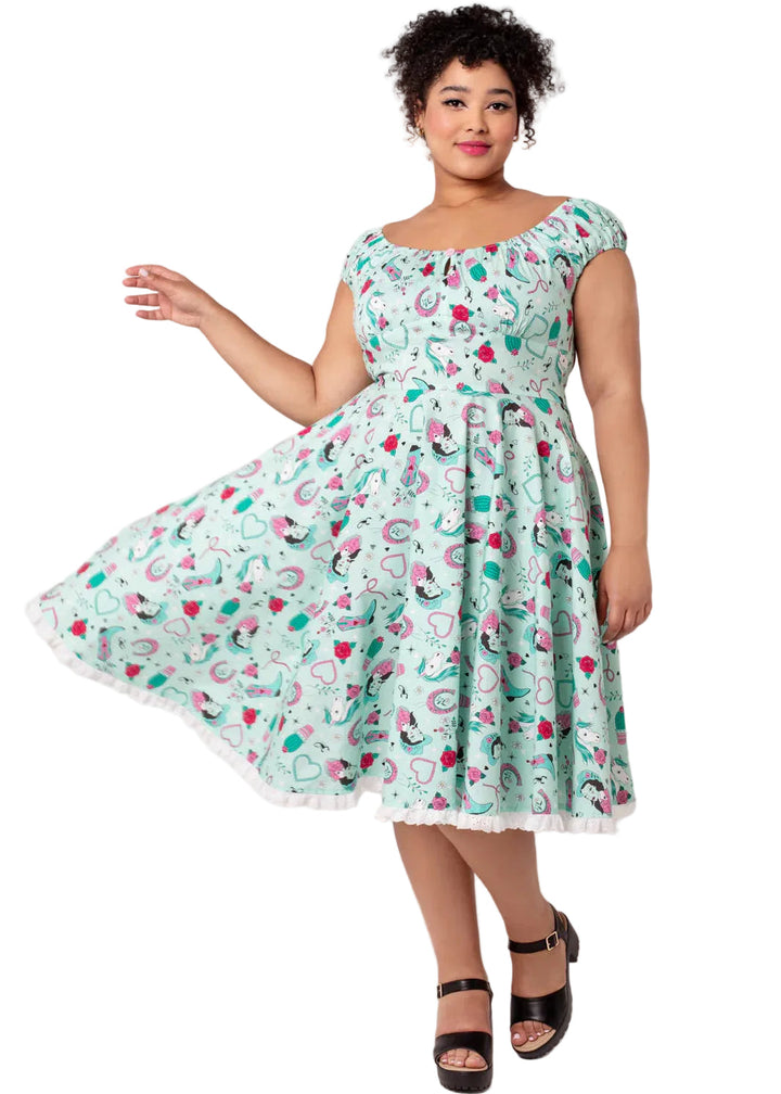 Hell Bunny Kellie mint cowgirl western 1950s swing dress horse cactus print with pockets