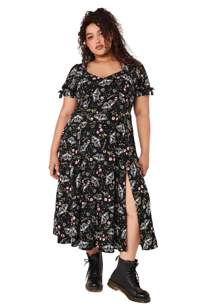 Hell Bunny Chrysalis black moth print midi dress with celestial moon floral print sweetheart neckline and front split
