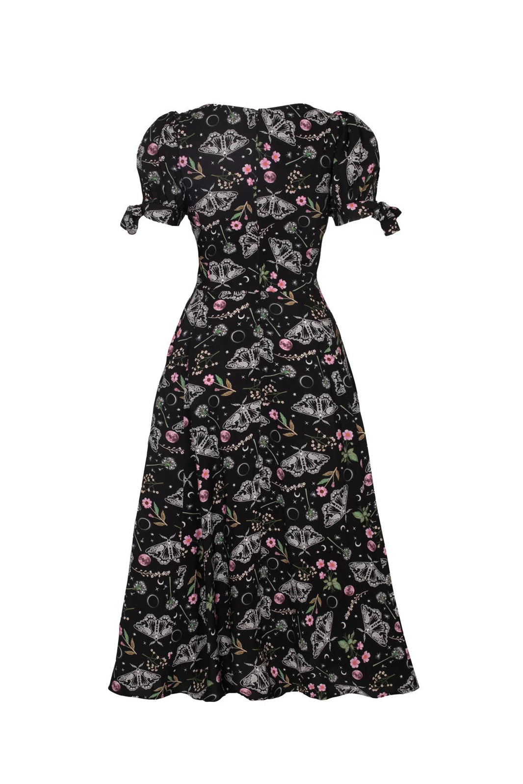 Back view of Hell Bunny Chrysalis black gothic floral moth midi dress