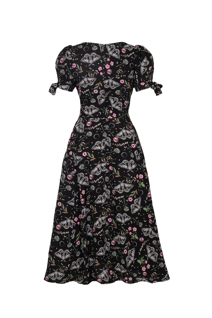 Back view of Hell Bunny Chrysalis black gothic floral moth midi dress