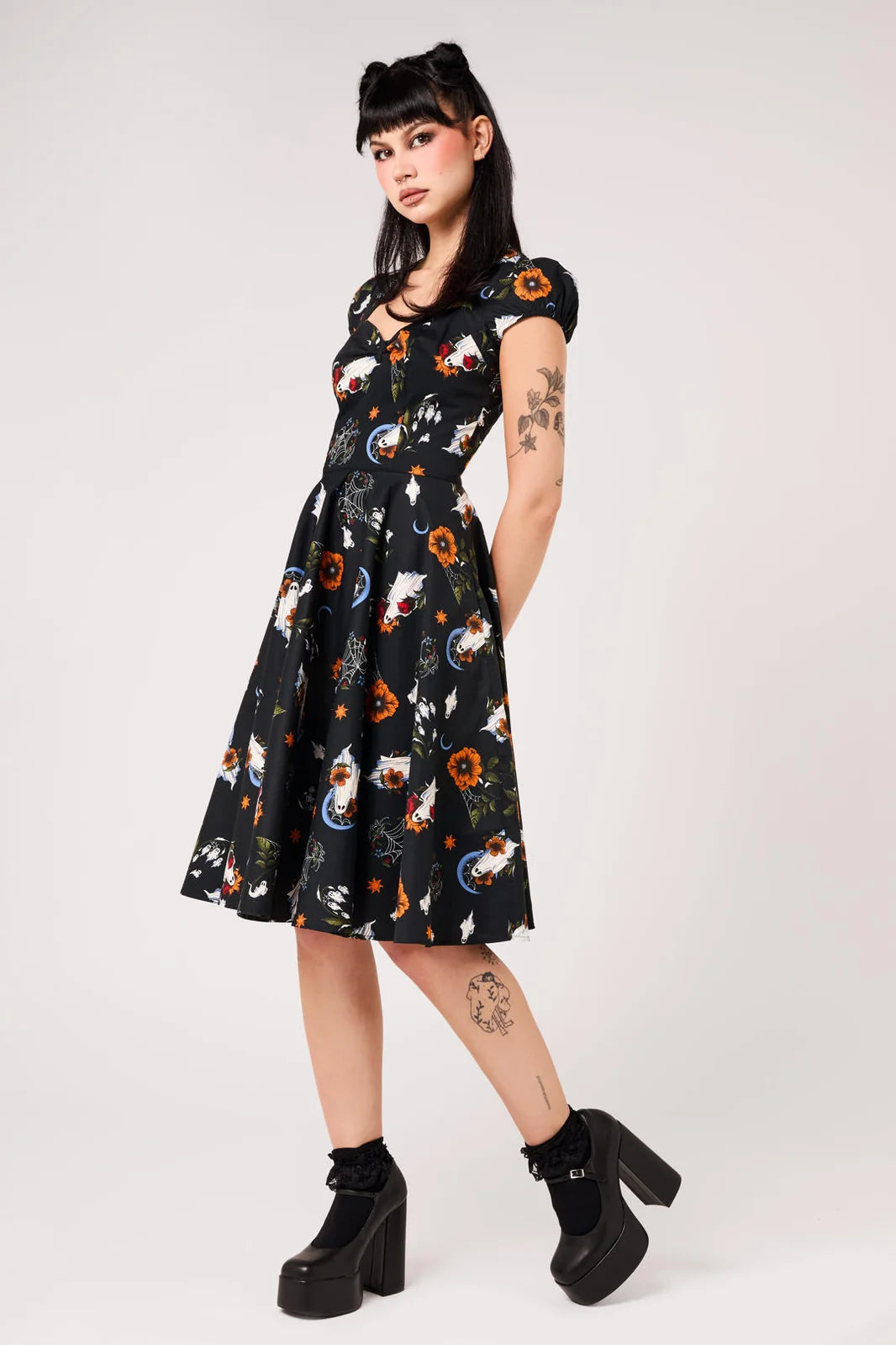 Hell Bunny Ghost Flower Black 50s Midi Dress
