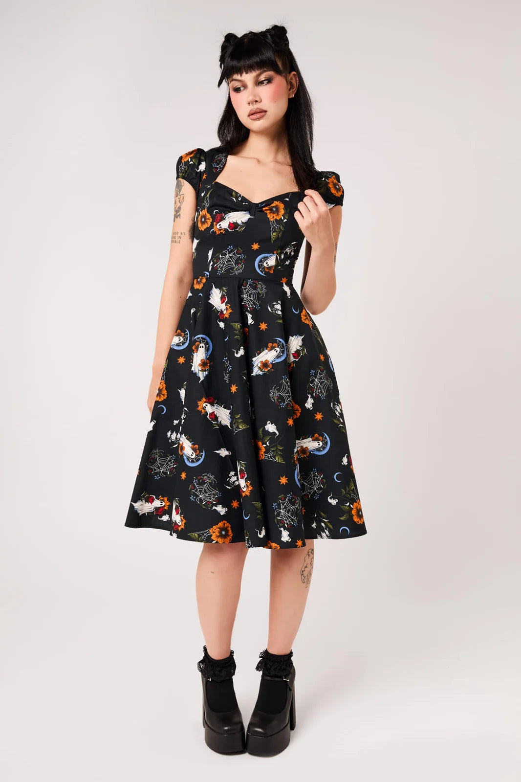 Hell Bunny Ghost Flower Black 50s Midi Dress