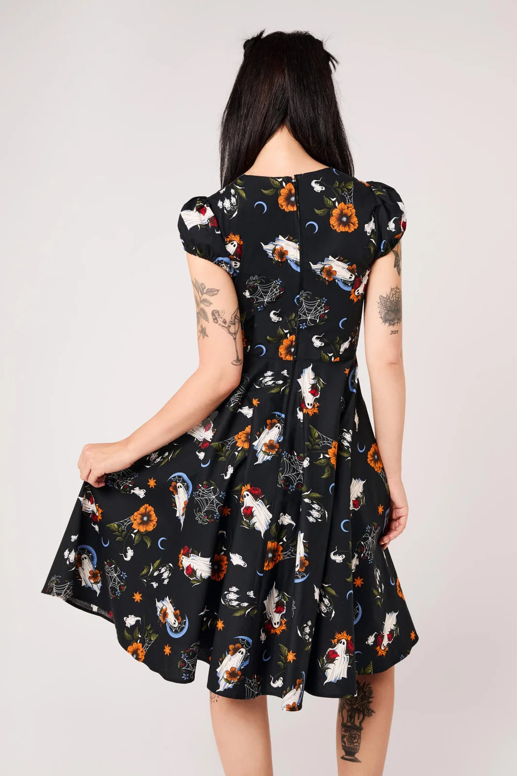Back view of Hell Bunny Ghost Flower black ghost print midi dress