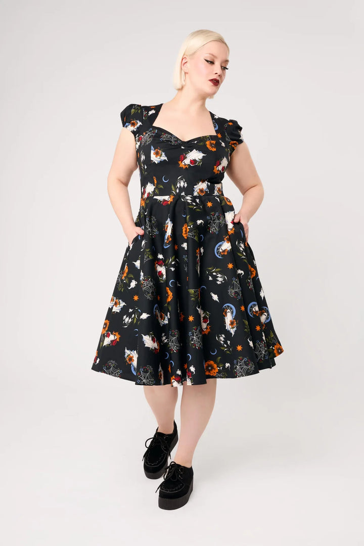 Hell Bunny Ghost Flower Black 50s Midi Dress