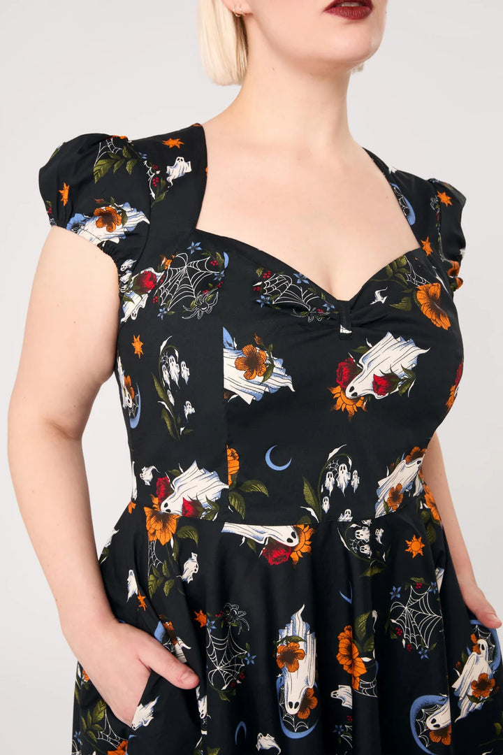 Hell Bunny Ghost Flower Black 50s Midi Dress