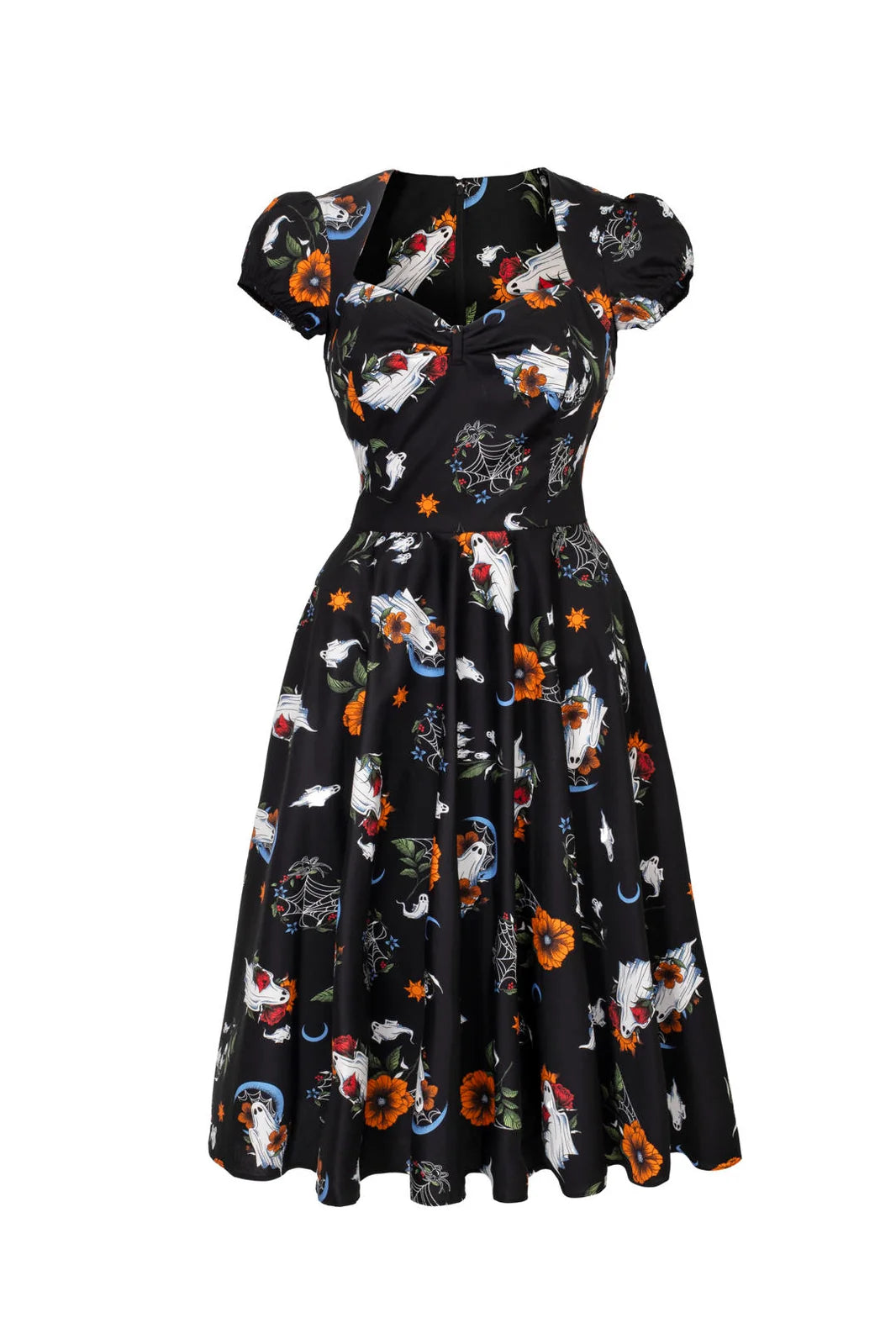 Hell Bunny Ghost Flower black 50s midi dress with ghost flower moon and spiderweb print