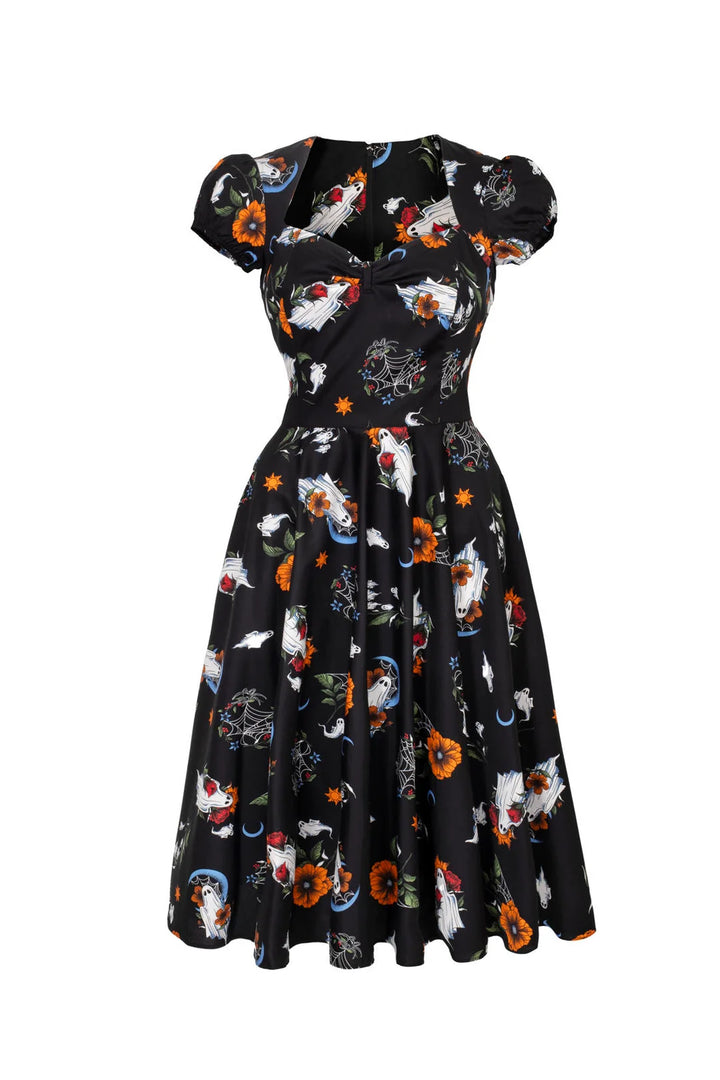 Hell Bunny Ghost Flower black 50s midi dress with ghost flower moon and spiderweb print