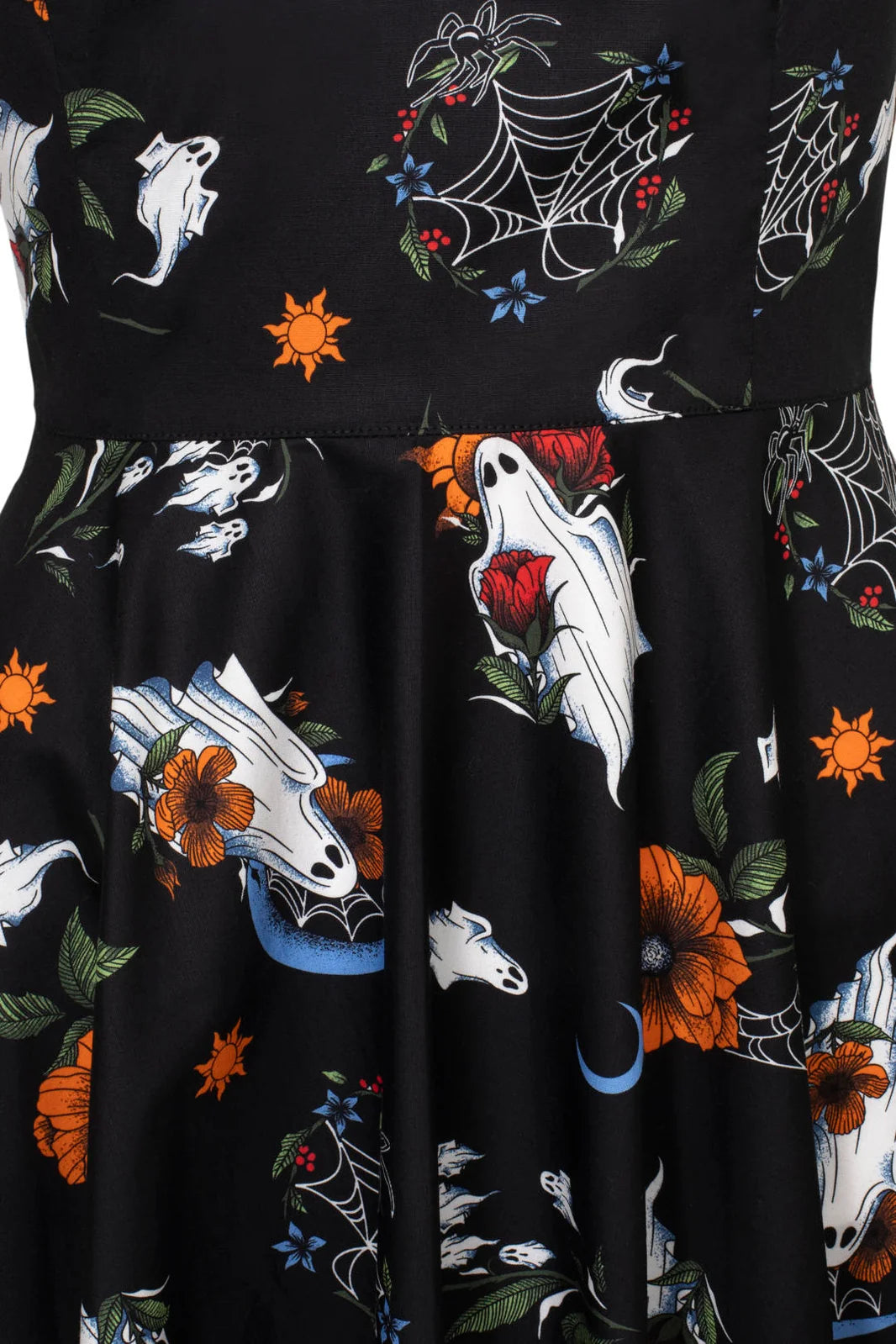 Close up of Hell Bunny Ghost Flower Dress showing ghost floral moon and spiderweb print