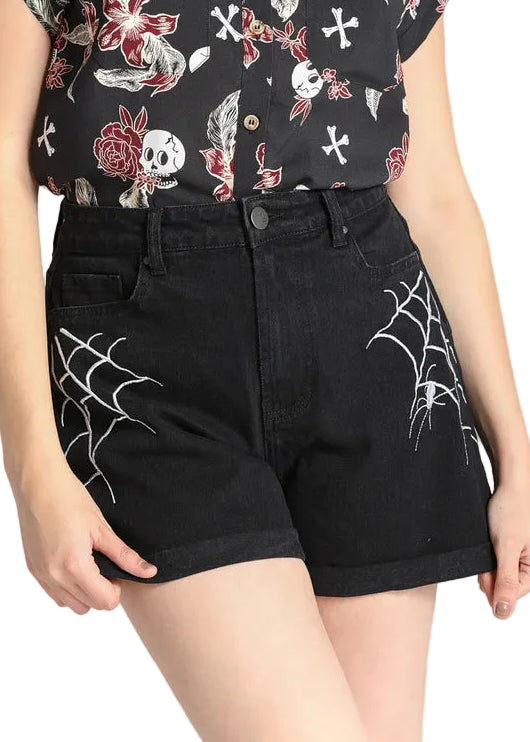 Hell Bunny Arania off black denim shorts with white spider web embroidery and rolled hem