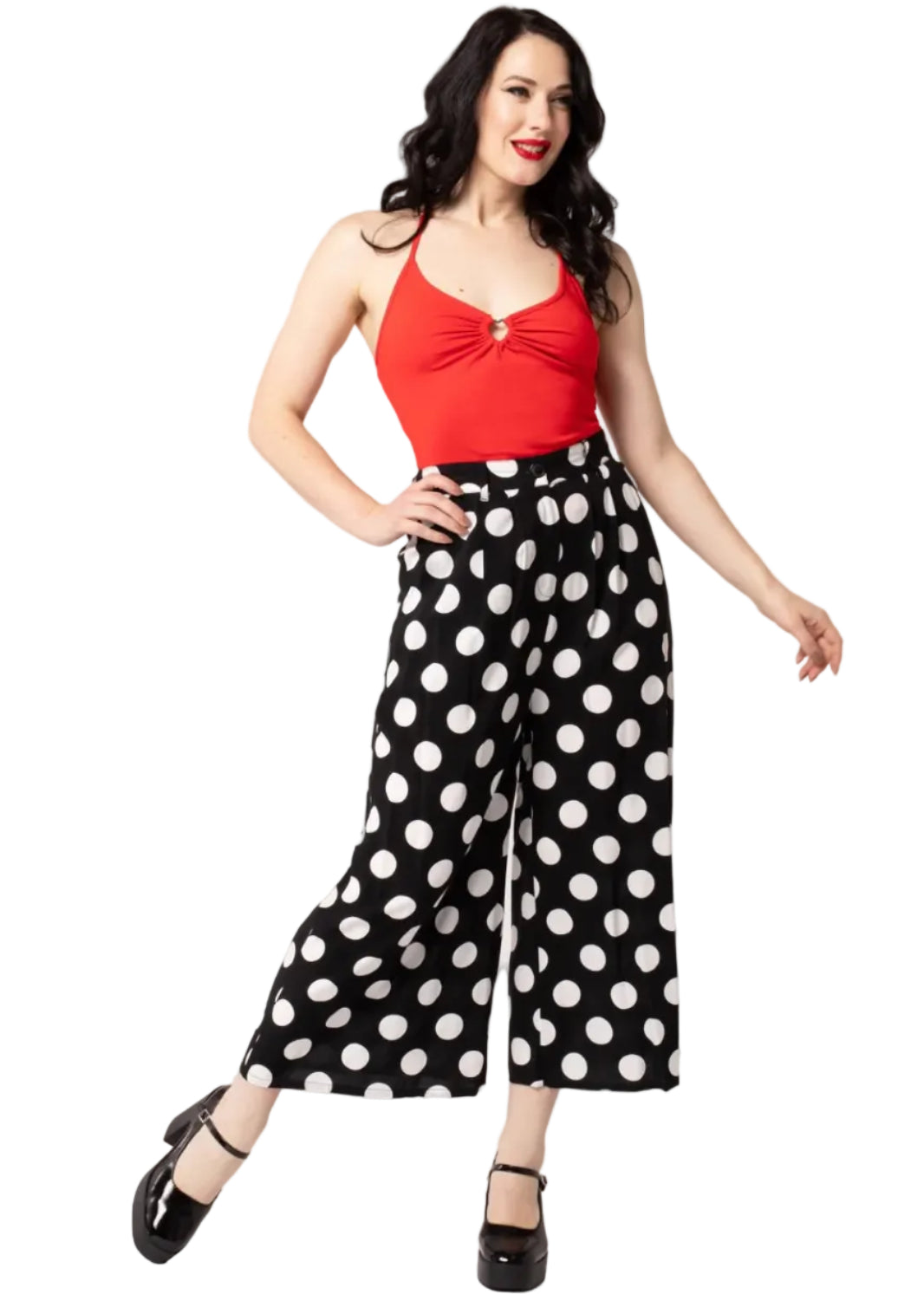 Hell Bunny Dolores trousers black white polka dot wide leg cropped retro pants