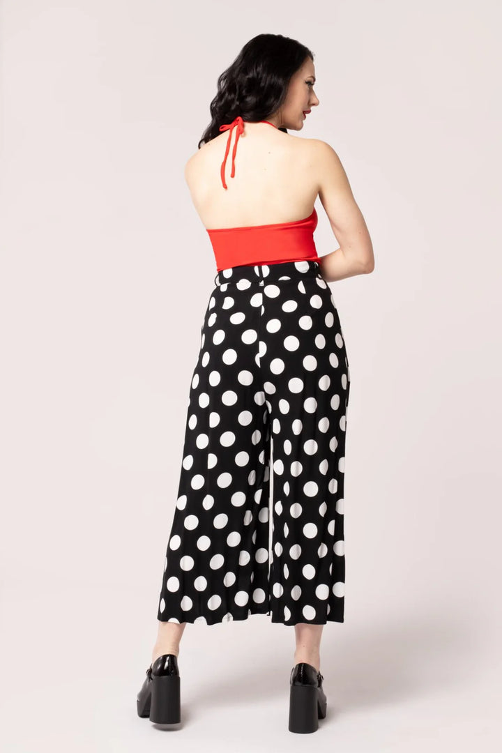 Hell Bunny Dolores Polka Dot Trousers – Black Wide Leg Crop