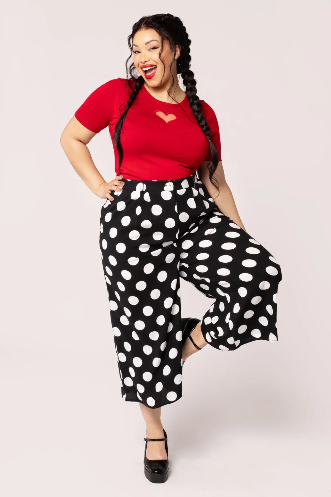 Hell Bunny Dolores Polka Dot Trousers – Black Wide Leg Crop
