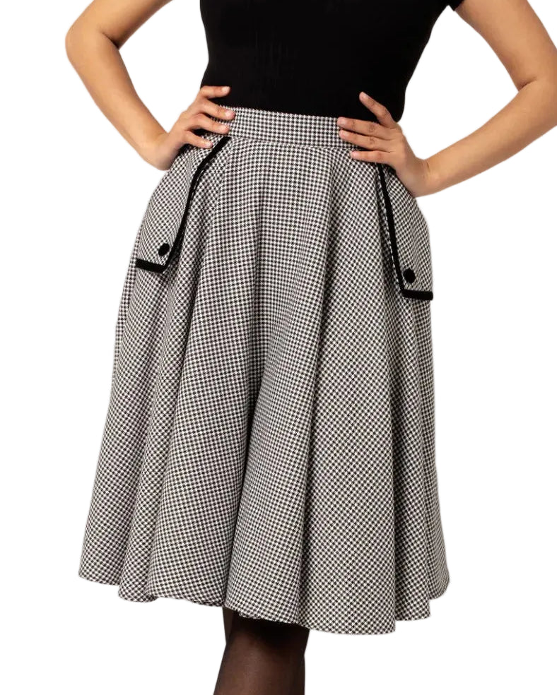 Hell Bunny Teddy Skirt black and white houndstooth midi skirt with black velvet pocket detail