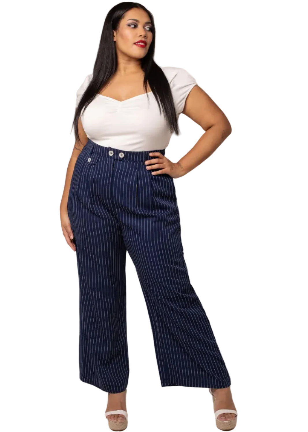 Hell Bunny Costello navy pinstripe wide leg trousers high waist retro vintage pants