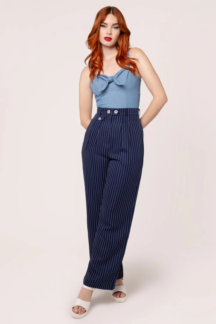 Hell Bunny Costello Pinstripe Wide Leg Trousers
