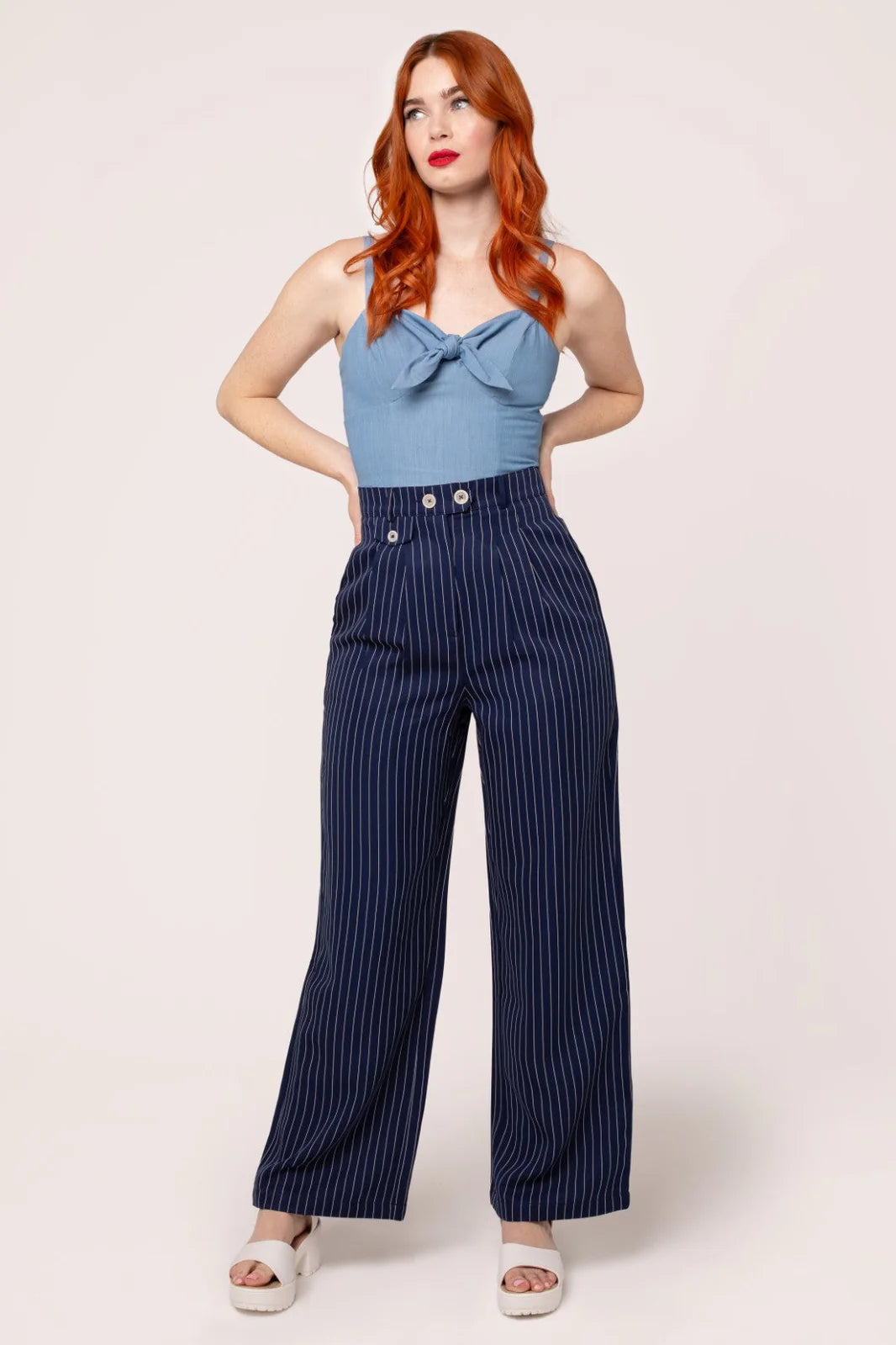 Hell Bunny Costello Pinstripe Wide Leg Trousers