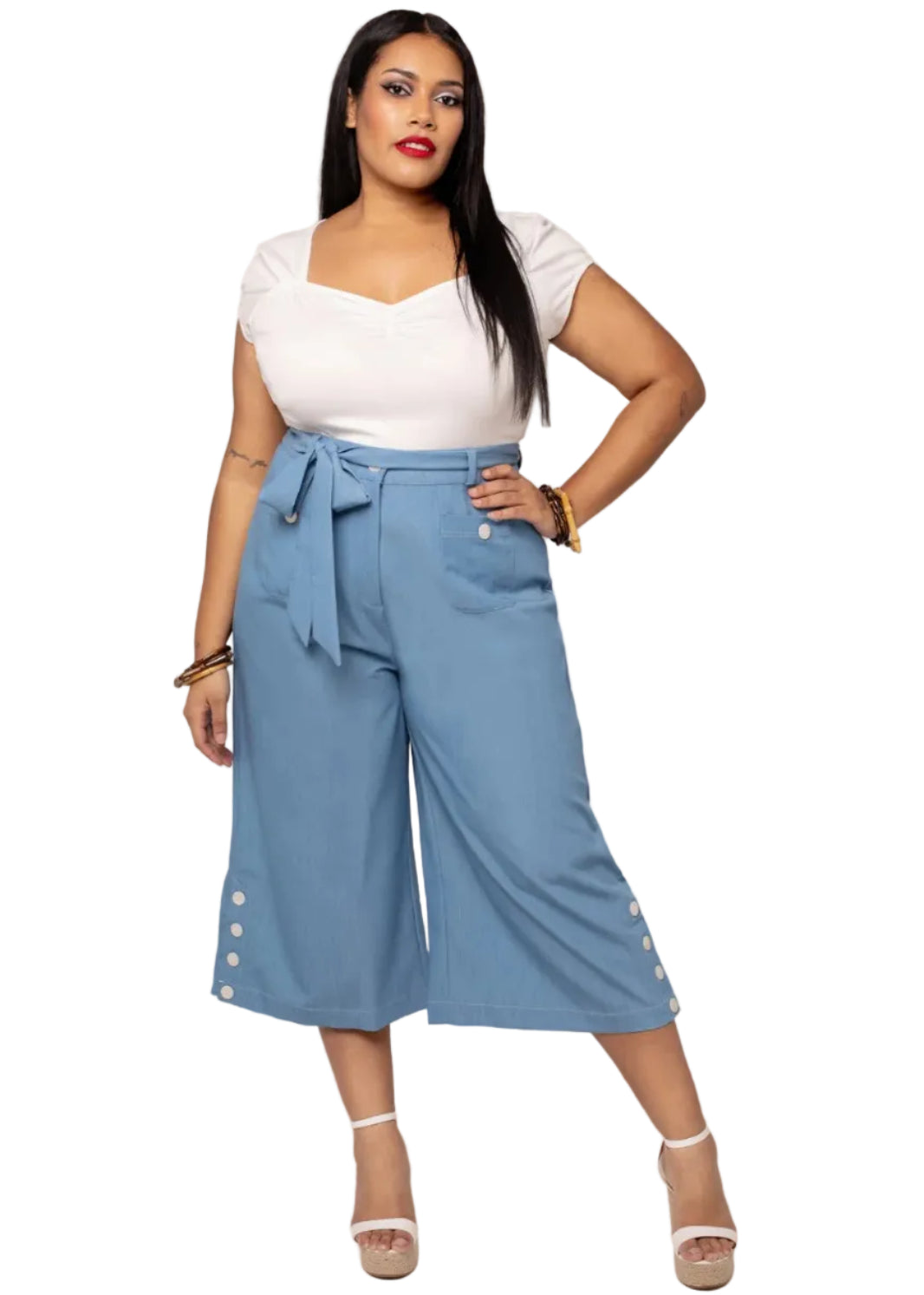 Hell Bunny Rylee culottes blue wide leg cropped retro vintage pants