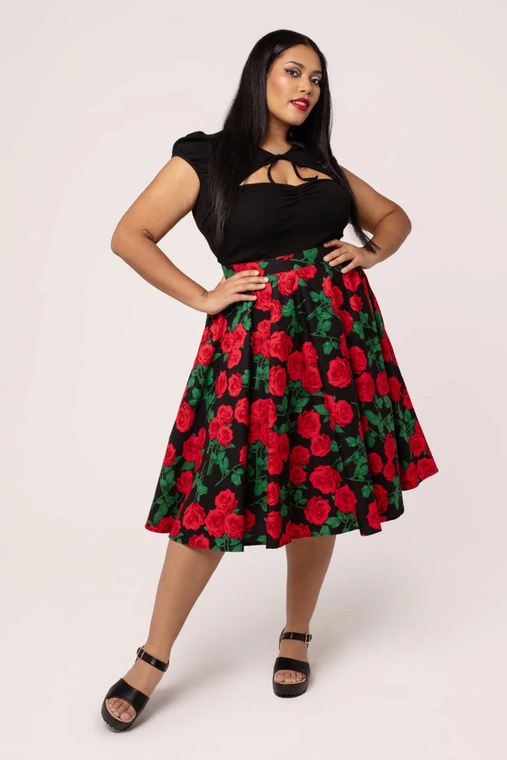 Hell Bunny Dolce Vita Rose Print Circle Skirt – Black Vintage 50s Skirt