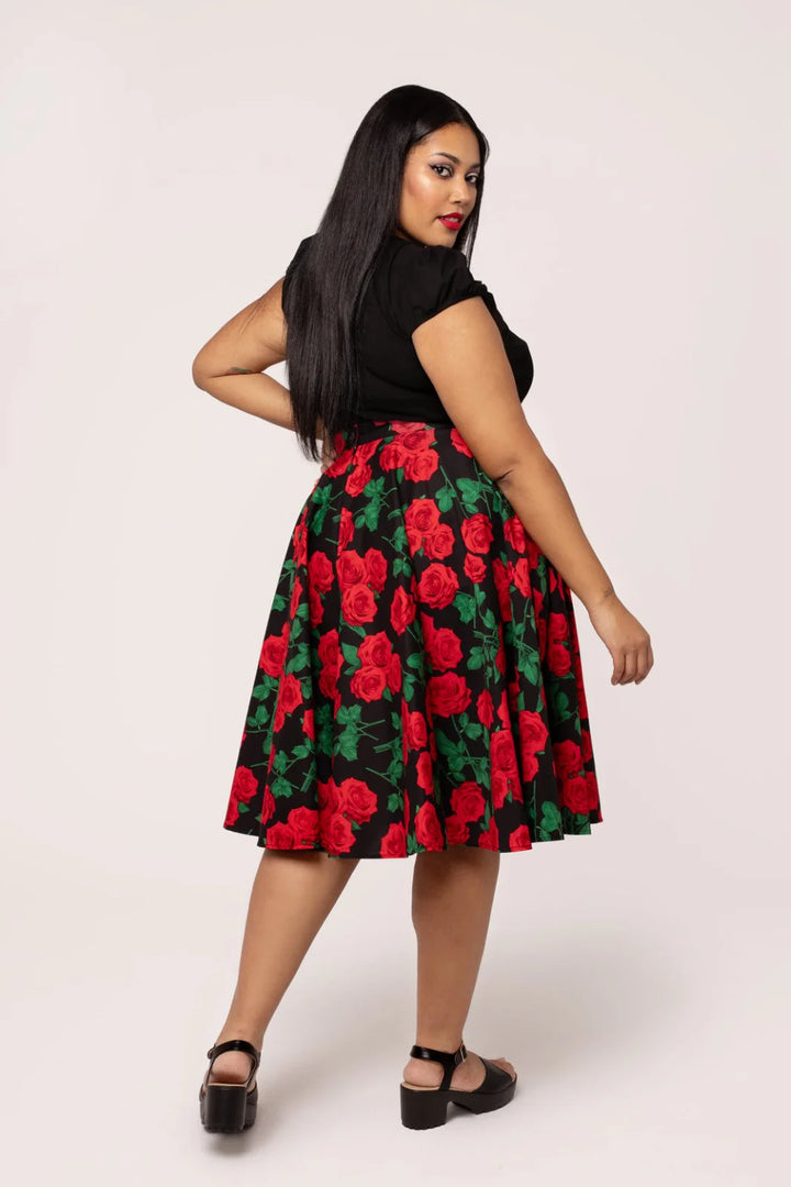 Hell Bunny Dolce Vita Rose Print Circle Skirt – Black Vintage 50s Skirt