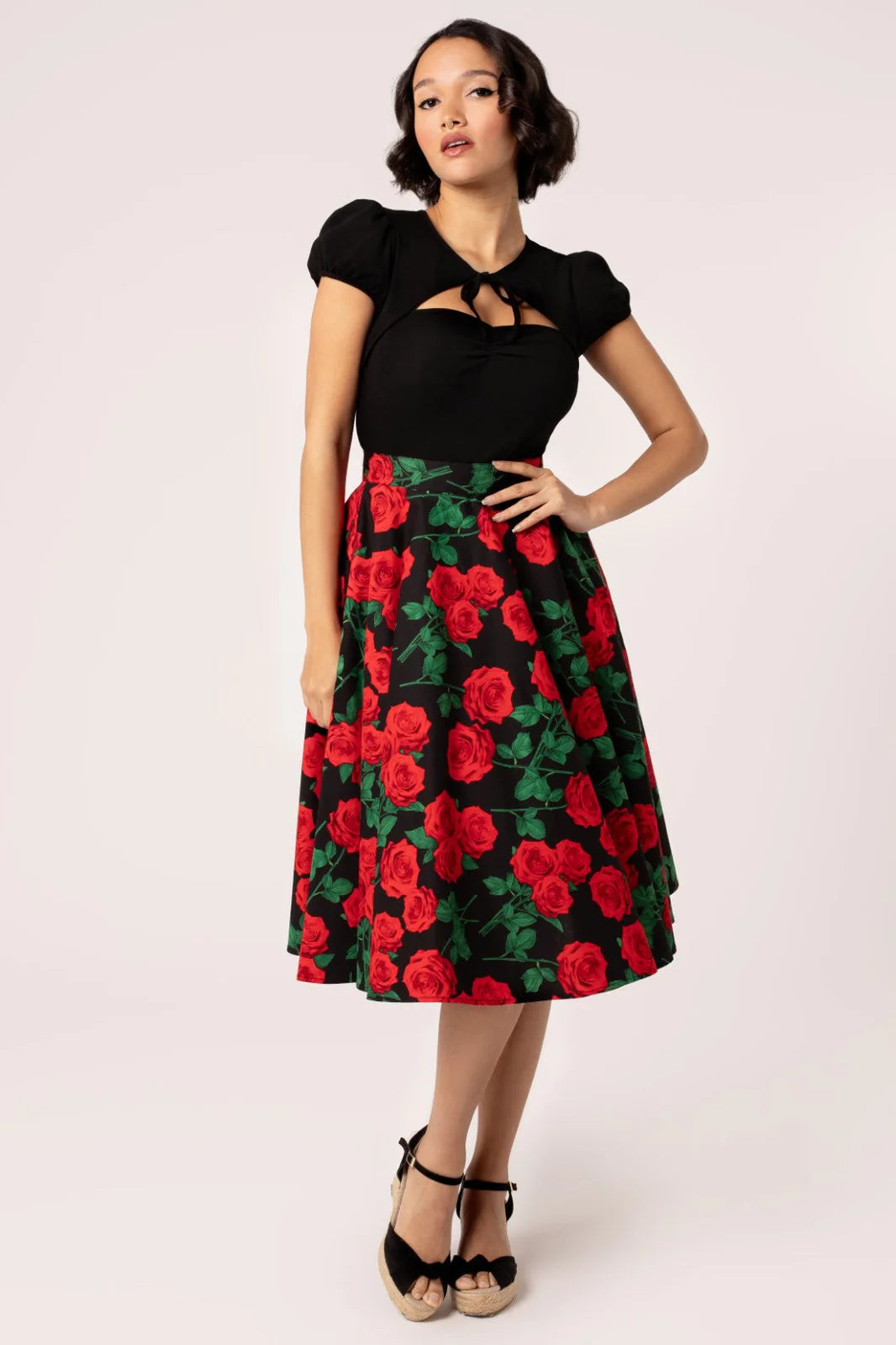 Hell Bunny Dolce Vita Rose Print Circle Skirt – Black Vintage 50s Skirt