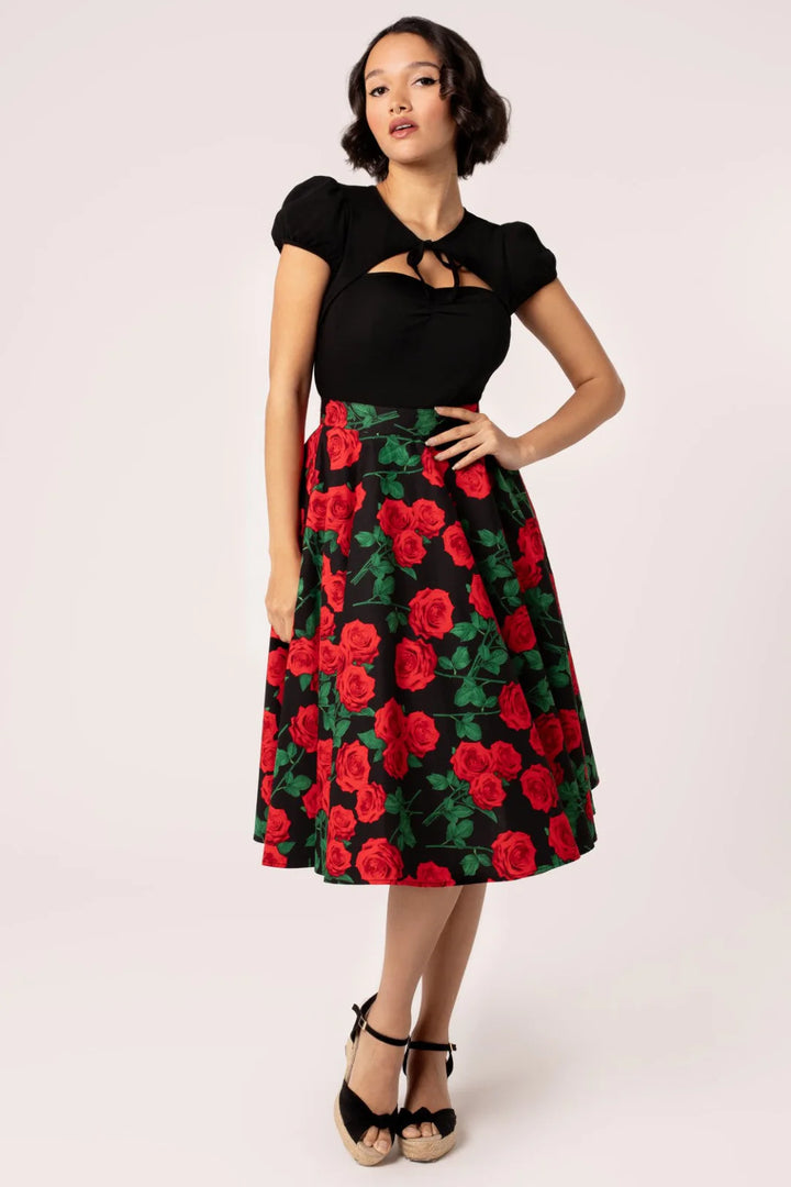 Hell Bunny Dolce Vita Rose Print Circle Skirt – Black Vintage 50s Skirt