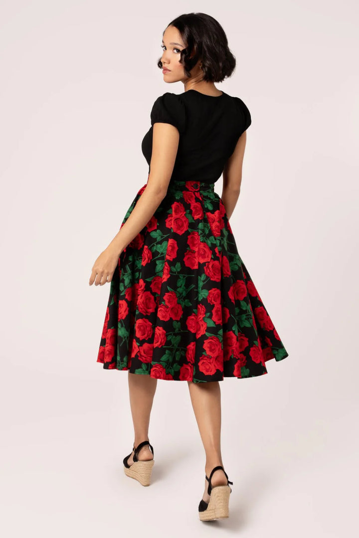 Hell Bunny Dolce Vita Rose Print Circle Skirt – Black Vintage 50s Skirt