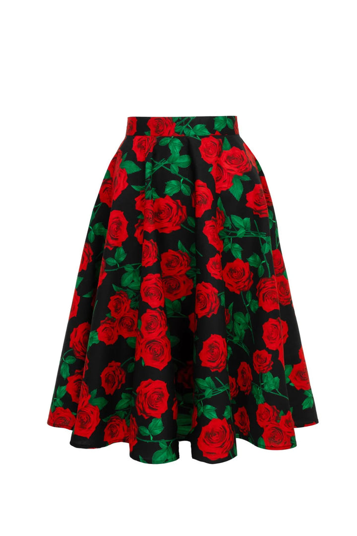 Hell Bunny Dolce Vita Rose Print Circle Skirt – Black Vintage 50s Skirt