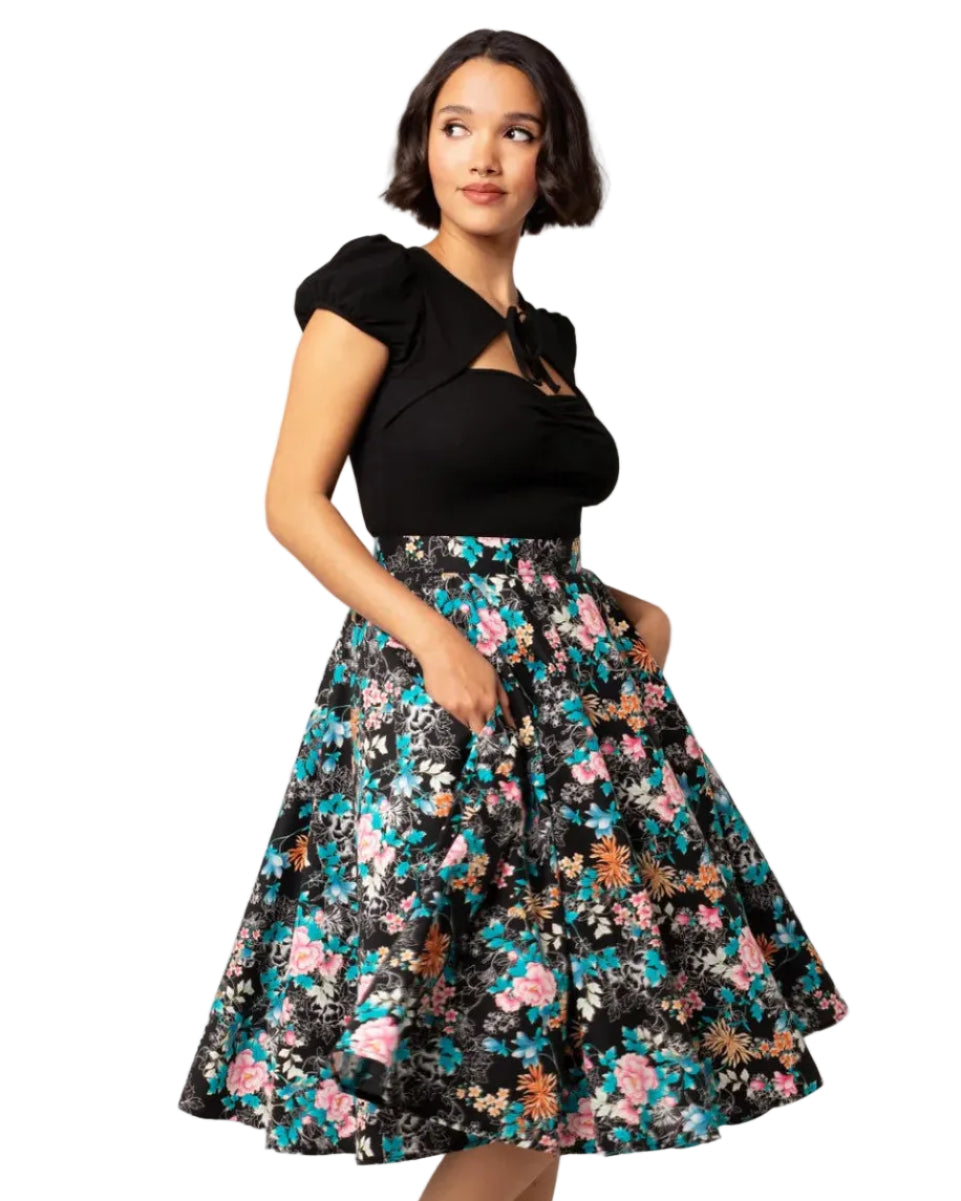 Hell Bunny black floral 50s circle skirt pink teal vintage swing skirt high waist retro skirt with pockets