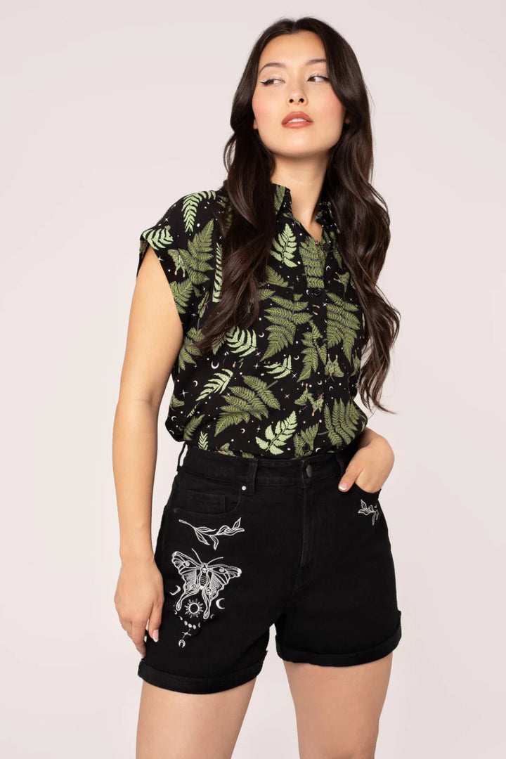 Hell Bunny Metamorphosis off black denim shorts with white celestial moth and leaf embroidery