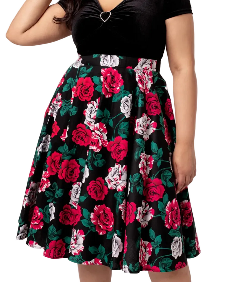 Hell Bunny black rose print 50s circle skirt red white floral vintage swing skirt high waist retro skirt with pockets