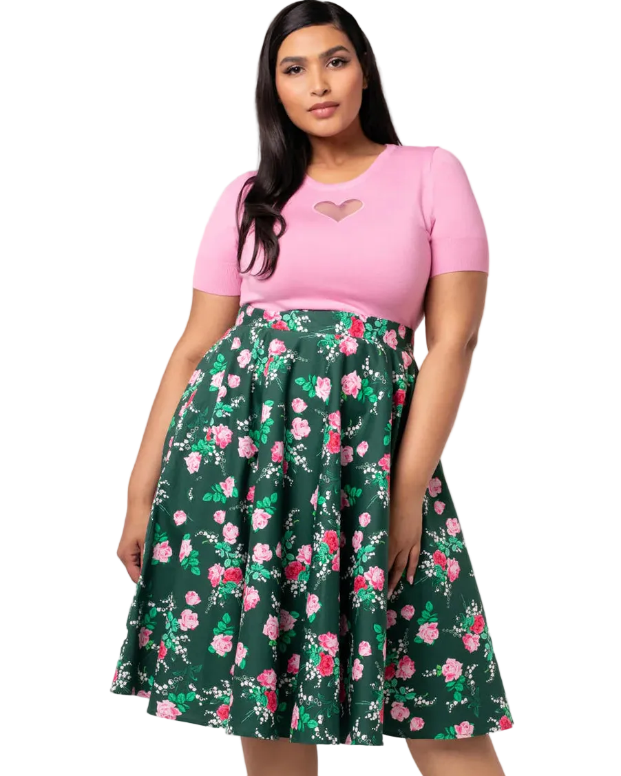 Hell Bunny green floral 50s circle skirt rose print vintage swing skirt high waist retro skirt with pockets