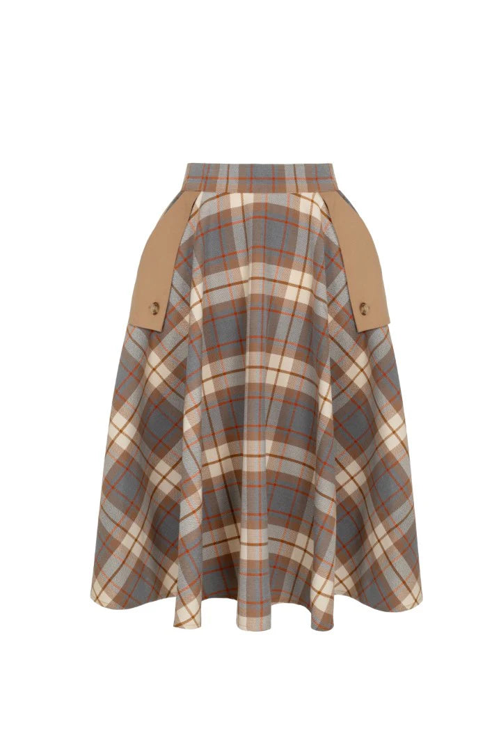 Hell Bunny Joseline Tartan Circle Skirt – Beige Vintage 50s Midi Skirt