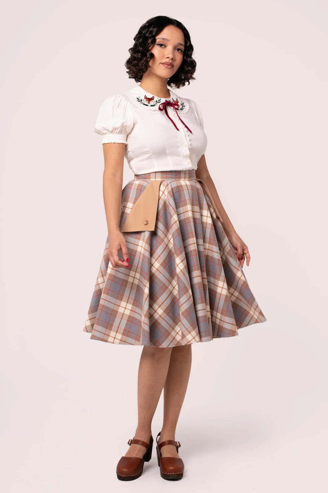 Hell Bunny Joseline Tartan Circle Skirt – Beige Vintage 50s Midi Skirt