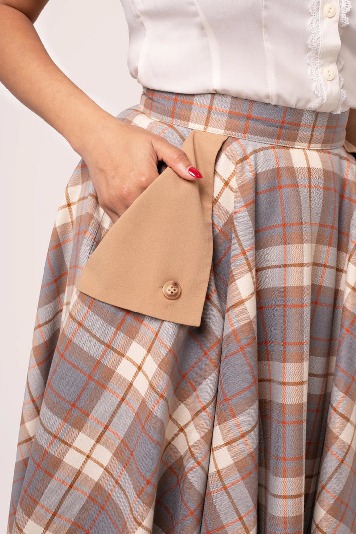 Hell Bunny Joseline Tartan Circle Skirt – Beige Vintage 50s Midi Skirt