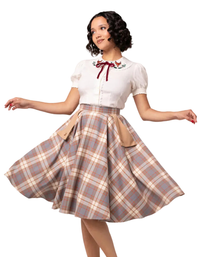Hell Bunny beige tartan 50s circle skirt vintage midi skirt high waist retro skirt with pockets