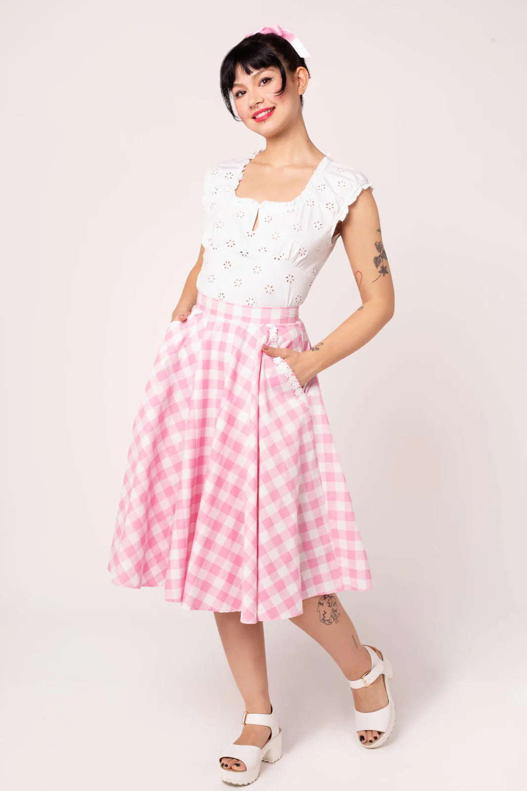 Hell Bunny Cindy Gingham Circle Skirt – Pink 50s Vintage Skirt